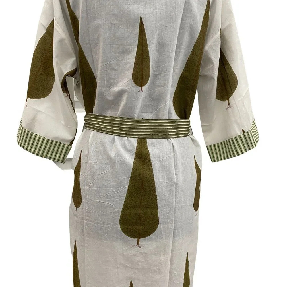 Cotton Block Printed Robe Green Cypress Tree Print - Picture 5 of 7